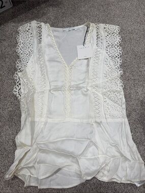 Sandro Cream Lace-Trim Sleeveless Top